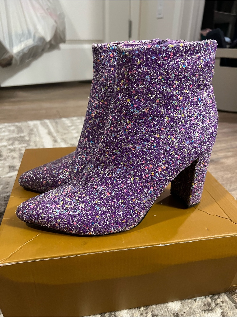 Perphy Women's Chunky Heels Ankle Boots Glitter 9
